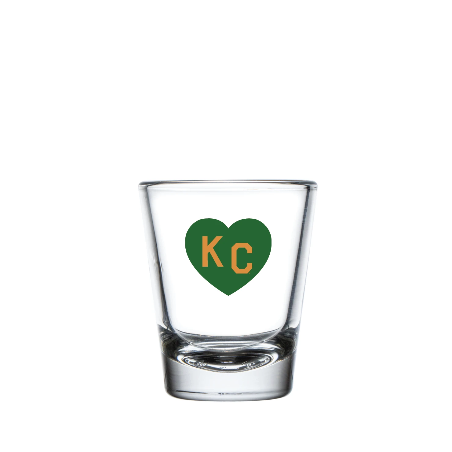 Made In KC X Charlie Hustle KC Heart Shot Glass: Green/Gold 1 Made In KC X Charlie Hustle KC Heart Shot Glass: Green/Gold